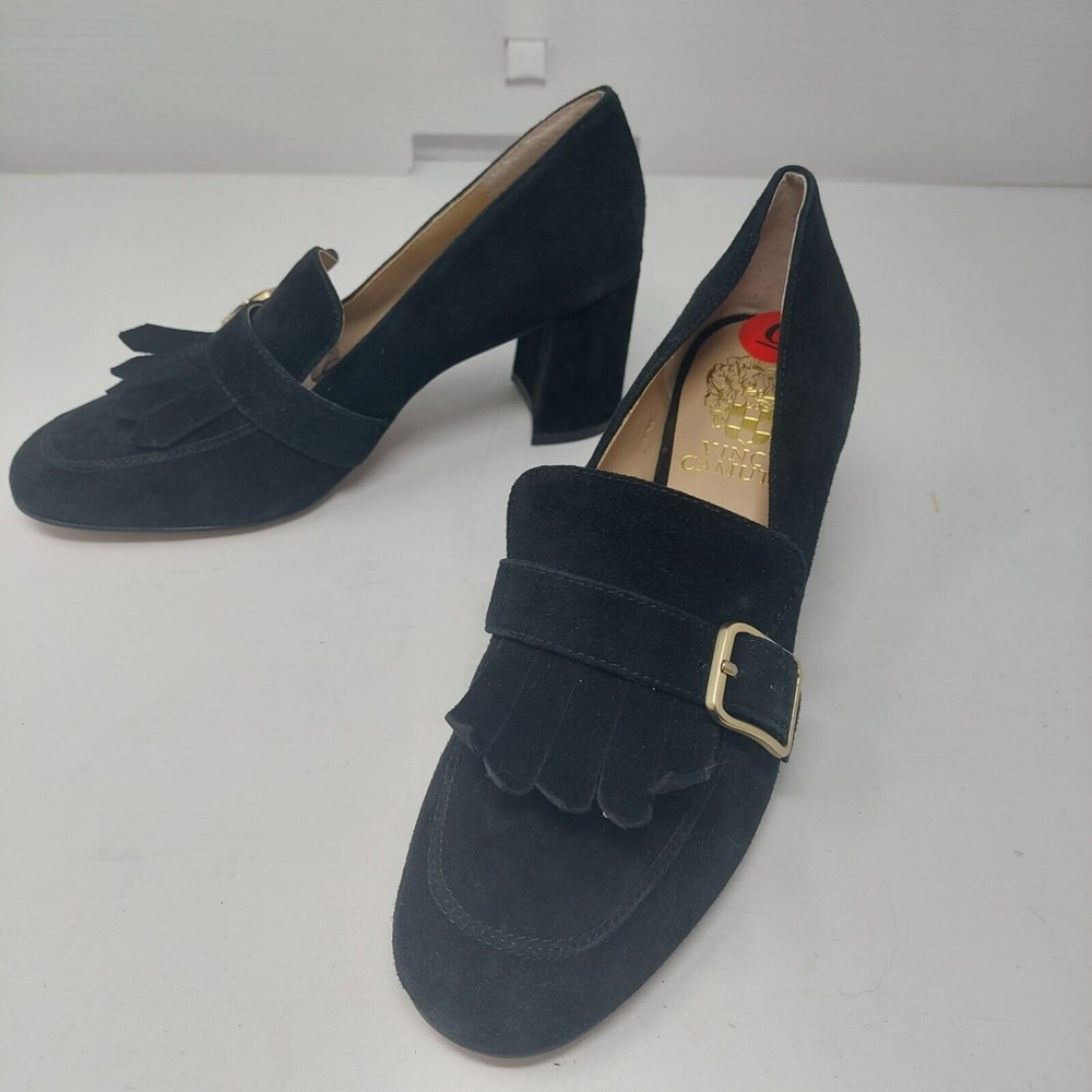 Vince Camuto Giuliann Black Suede Leather Fringe Block Heel Pumps Size 6 M
